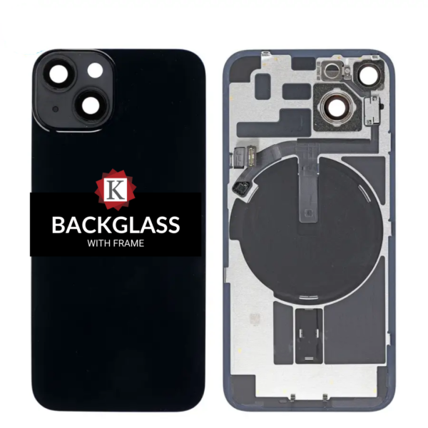 Back Cover Glass w/ Frame and Wireless NFC Flex Cable for iPhone 14 Plus (Big Camera Hole) - Black
