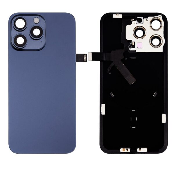 Back Cover Glass w/ Frame and Wireless NFC Flex Cable for iPhone 15 Pro Max (Big Camera Hole) – Blue Titanium