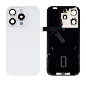 Back Cover Glass w/ Frame and Wireless NFC Flex Cable for iPhone 15 Pro (Big Camera Hole) – White Titanium