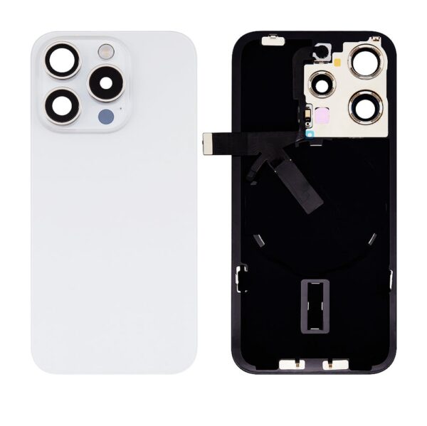 Back Cover Glass w/ Frame and Wireless NFC Flex Cable for iPhone 15 Pro (Big Camera Hole) – White Titanium